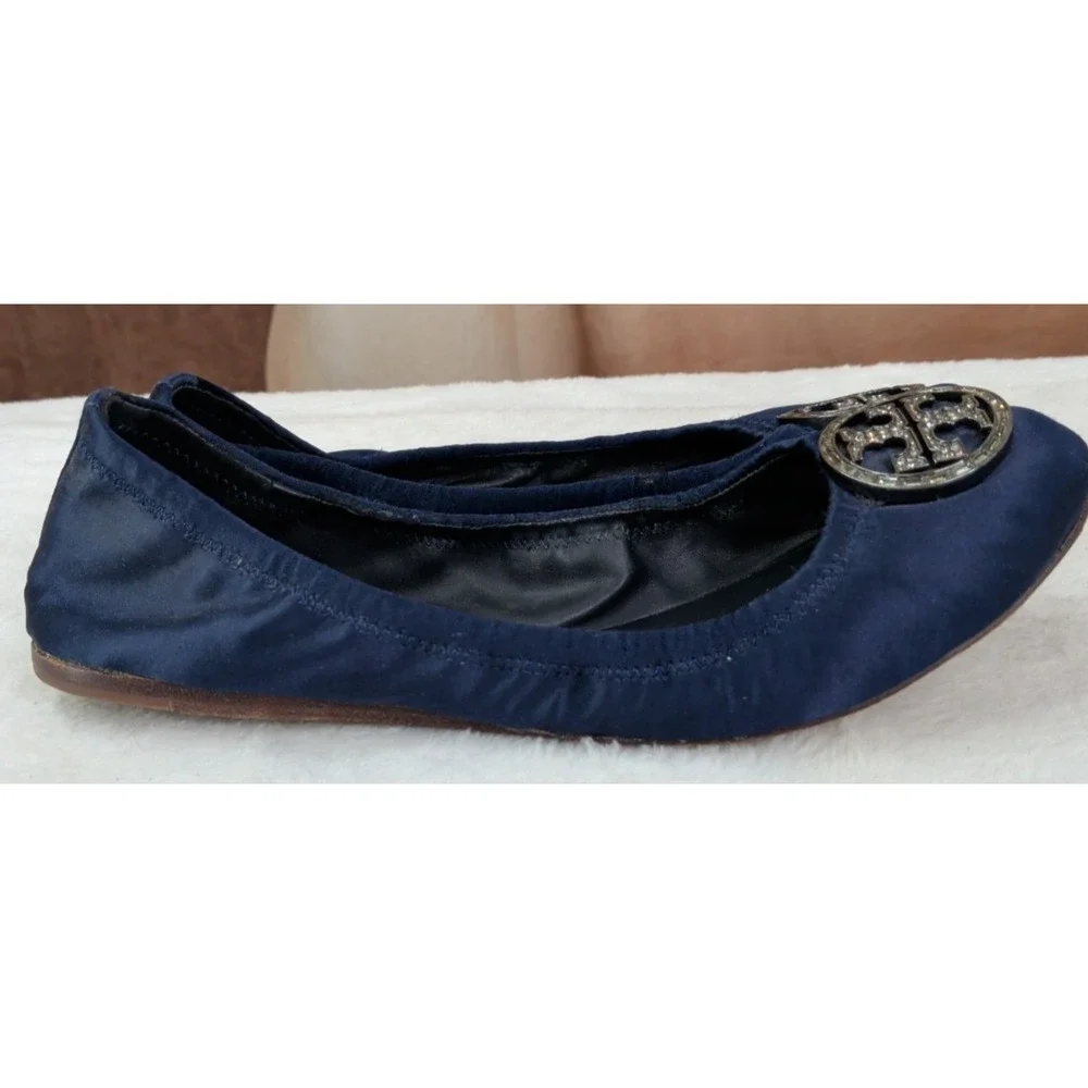 Tory Burch Navy Satin Ballet Flats Slip-On Crystal Logo Accent